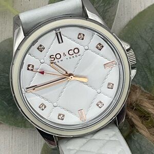 SO & CO New York Women’s Silver and White Quilted Watch W/ Rhinestones Beauty